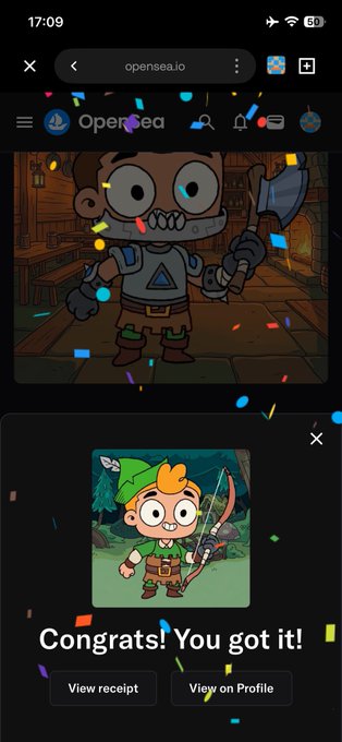 A screenshot of a mobile browser displaying a successful NFT mint on OpenSea, featuring a cartoon character and the congratulatory text, "Congrats! You got it!" This image serves as visual proof for the user's post celebrating their successful mint of a Blockstards character.