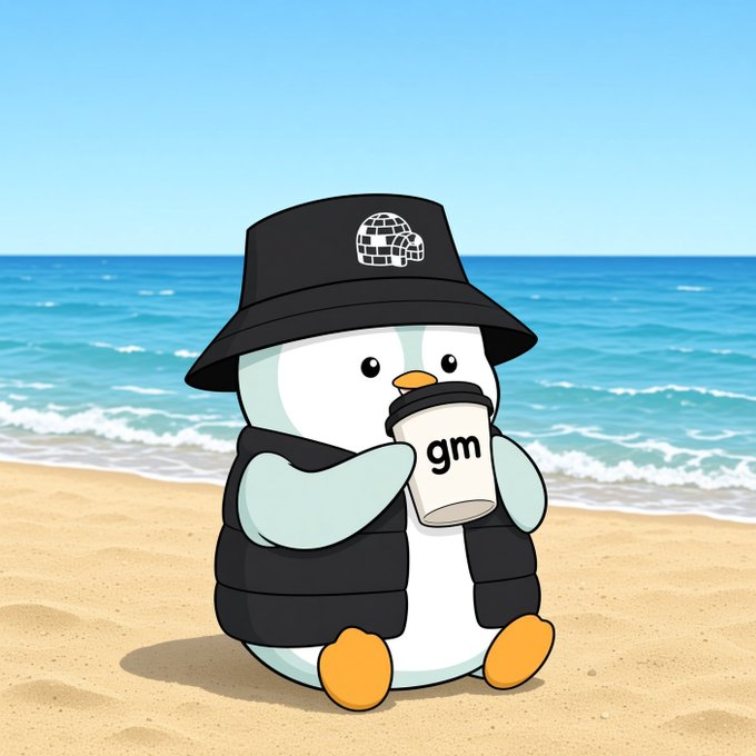 A cartoon penguin wearing a black bucket hat and puffer vest, holding a coffee cup labeled 'gm' while sitting on a sandy beach.
