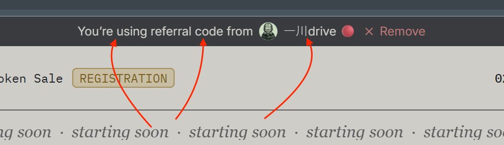 A screenshot showing a notification banner that reads "You're using referral code from —||drive" with a red "Remove" button, along with a yellow "REGISTRATION" button and "starting soon" text indicating an upcoming token sale launch. The banner illustrates that the user accessed the platform through someone's referral link, suggesting the post was shared to give credit to the referrer when participating in the $WHUF ICO on @ethos_network.