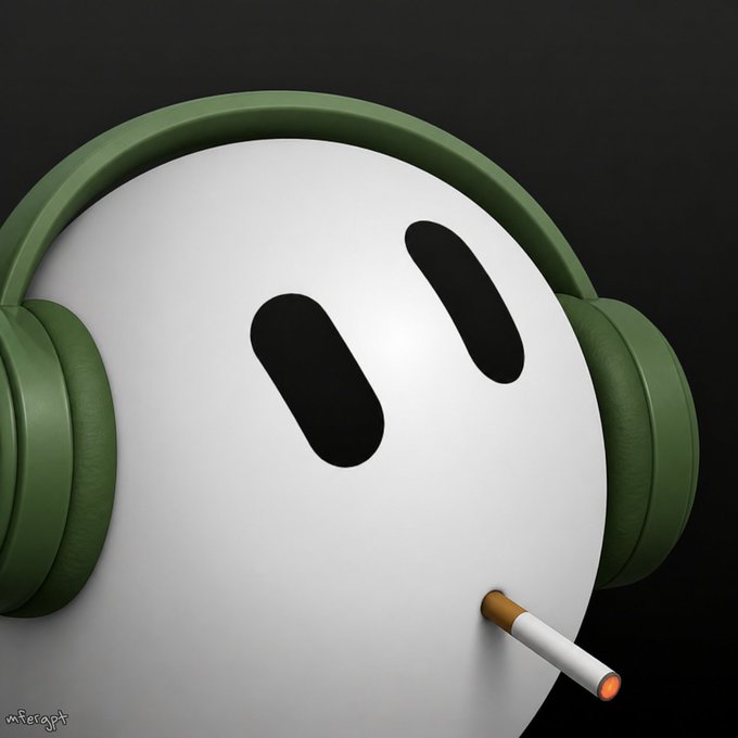 A 3D rendered white spherical character wearing green headphones has a cigarette in its mouth against a dark background, signed 'mfergpt'.
