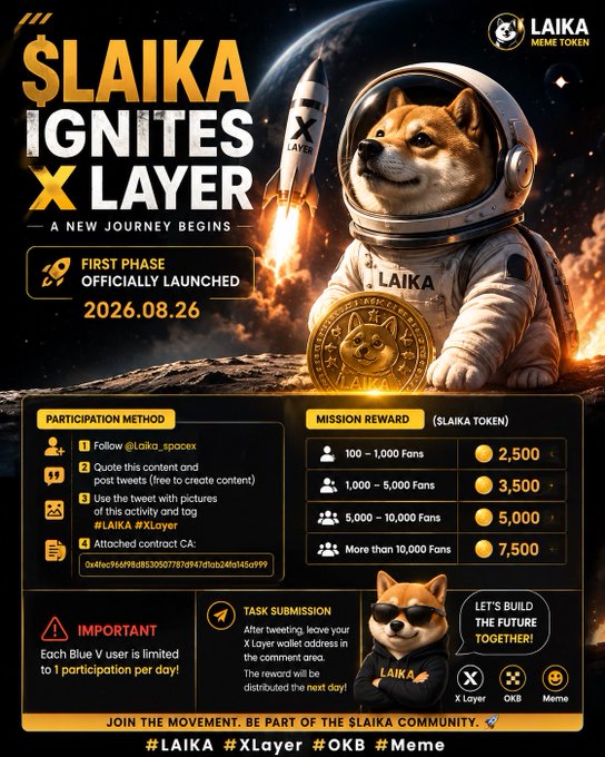 A promotional poster for '$LAIKA IGNITES XLAYER' featuring a Shiba Inu dog in an astronaut suit, advertising a meme token campaign with participation methods and tiered mission rewards in $LAIKA tokens launching 2026.08.26.