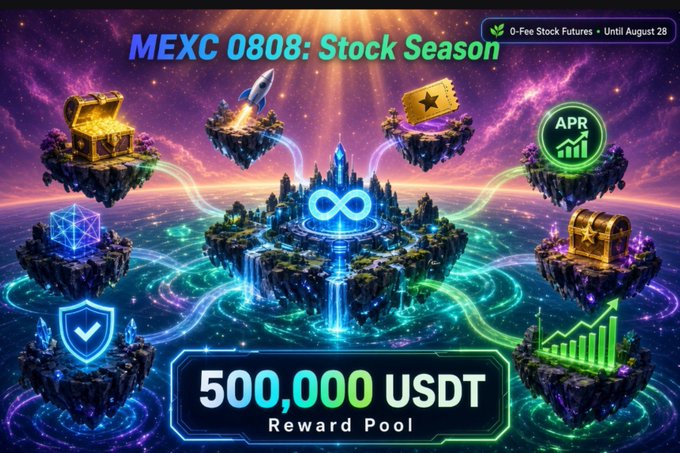 A promotional banner for 'MEXC 0808: Stock Season' advertises a '500,000 USDT Reward Pool' and features floating islands, a treasure chest, a rocket, and glowing infinity and checkmark symbols.