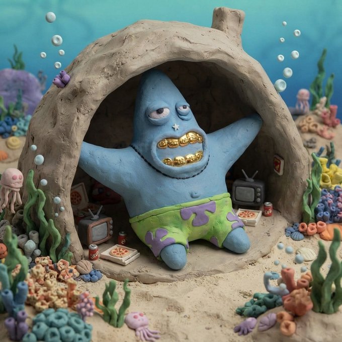 A claymation-style sculpture of a blue starfish-like character with gold teeth wearing green and purple shorts, sitting in a clamshell home surrounded by underwater elements like coral, bubbles, pizza boxes, and a TV.