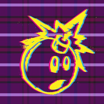 A stylized, colorful digital illustration of a round, spiky yellow creature face on a purple striped background, resembling a glitch-art interpretation of an electric-type Pokémon.