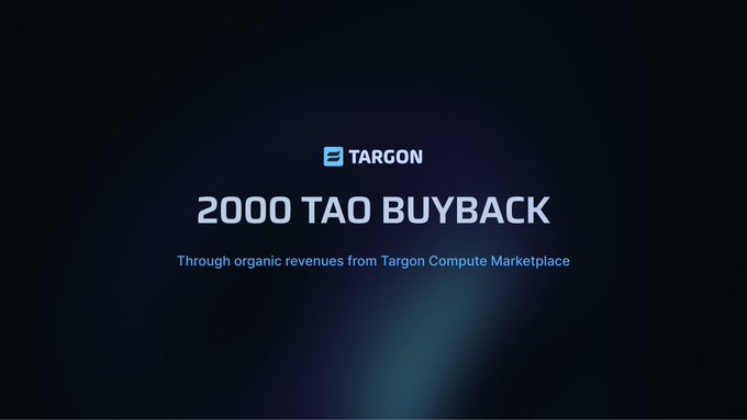The image shows a promotional poster for a product named "2000 TAO Buyback". The poster features a dark background with white text that reads "2000 TAO Buyback" at the top, followed by "Over the past month, we have repurchased 2000 TAO of SN4 alpha using organic revenues from Targon Confidential Compute platform. We remain committed to building a sustainable flywheel for the continued growth of our decentralized cloud." The poster also includes a small image of a computer and the text "Targon" in blue at the bottom, indicating that this is an advertisement or promotional material related to the product being sold.