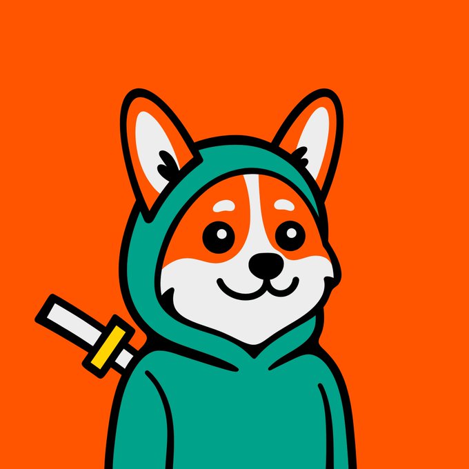 A cartoon Shiba Inu dog wearing a teal hooded outfit with a sword strapped to its back, set against a vibrant orange background.

The illustration cleverly matches the post's "Cyan Corgi Ninja" theme with its teal-colored hood and sword accessory, evoking a playful ninja aesthetic that ties into the NFT collection being referenced from the @boozybtc treasury.