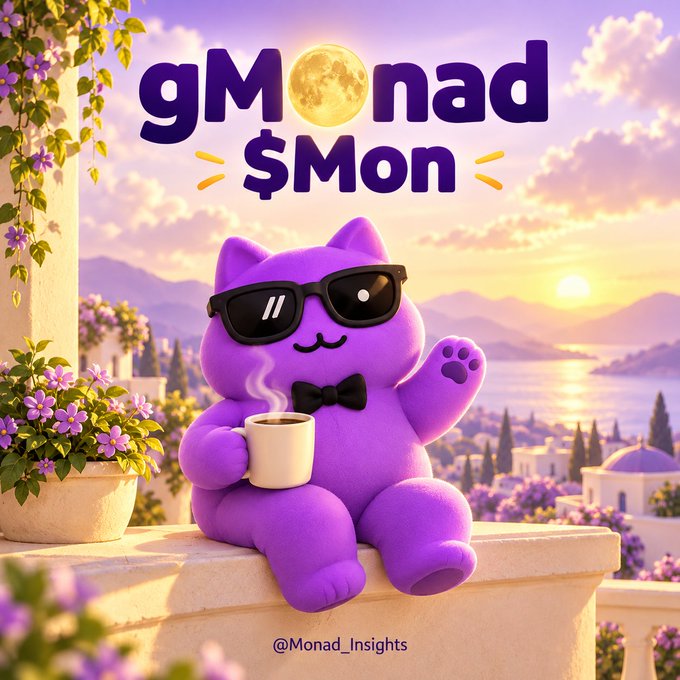 A 3D illustration features a purple cat wearing sunglasses and a bow tie, holding a coffee cup against a blue rooftop and purple flowers, with the text 'gMonad $MON' and '@Monad_Insights'.