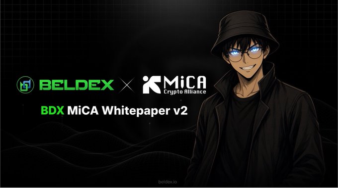 A promotional banner featuring an anime-style character with glasses and a bucket hat alongside the text "BELDEX × MiCA Crypto Alliance" and "BDX MiCA Whitepaper v2," with the beldex.io URL at the bottom, visually representing the privacy-focused ecosystem and regulatory compliance discussed in the accompanying post about the whitepaper.