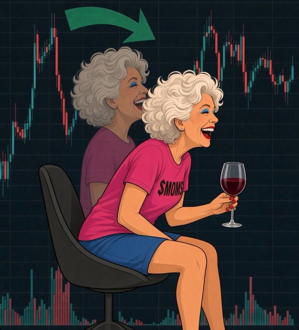 An illustration of an older woman with curly white hair, wearing a pink shirt and blue skirt, sitting on a chair and laughing while holding a glass of red wine, set against a backdrop of stock market candlestick charts and volume bars.