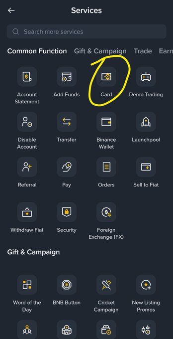 A screenshot of a cryptocurrency app's 'Services' menu with a yellow circle hand-drawn around the 'Card' icon.