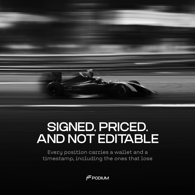 A black-and-white motion-blurred photo of a race car speeding down a track, paired with the bold text "SIGNED. PRICED. AND NOT EDITABLE" and the subheading "Every position carries a wallet and a timestamp, including the ones that lose," with the Podium logo at the bottom. The image mirrors the post's message by using the racing metaphor to convey that every on-chain position—win or lose—is permanently recorded and immutable.