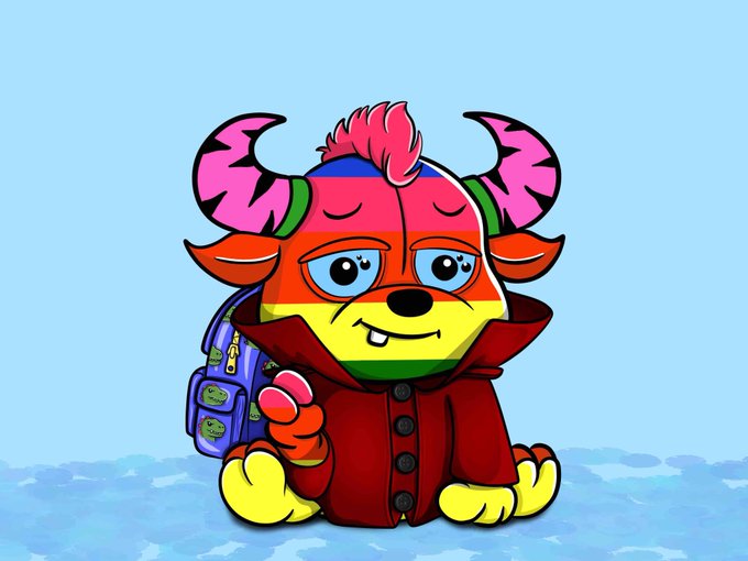 A colorful cartoon illustration depicts a rainbow-colored creature with pink antlers and a red coat, wearing a small backpack with frog designs.