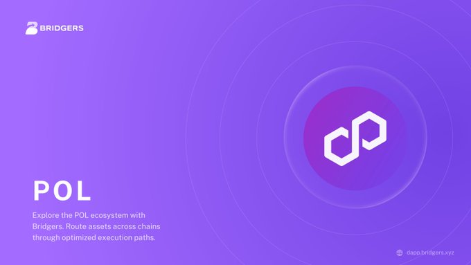 A purple promotional graphic for Bridgers, highlighting the POL (Polygon) logo and the text "Explore the POL ecosystem with Bridgers."