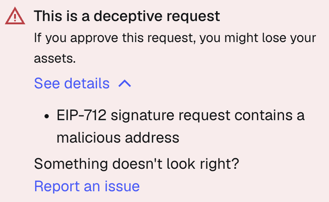 A wallet security warning displays an alert that reads "This is a deceptive request" and warns the user that approving it could result in lost assets, specifically flagging an "EIP-712 signature request" containing a malicious address. The warning relates to the user's issue with risextrade, suggesting the platform may be triggering phishing-like signature requests or interacting with flagged malicious addresses in users' wallets.