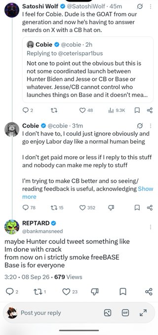 A screenshot of a tweet thread showing Satoshi Wolf urging Cobie (@cobie) to respond to critics about a "GOAT" debate, with Cobie replying that he doesn't have to engage with everyone and replies don't affect his pay, followed by a reply from REPTARD (@bankmannsneed) joking that Hunter Biden could announce quitting crack and smoking freeBASE Base. The image ties to the caption as it highlights REPTARD's memeable contribution to Base chain culture through his humorous satirical reply.
