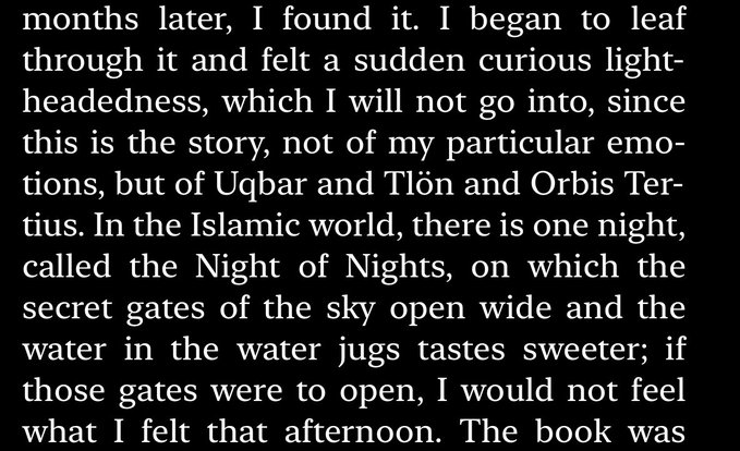 The image shows a passage of text from Jorge Luis Borges' "Tlön, Uqbar, Orbis Tertius," describing the narrator's discovery of a mysterious book and referencing the Islamic "Night of Nights."