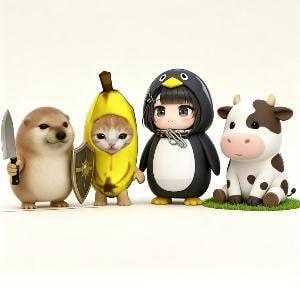 Four baby chicks dressed in animal costumes—a chicken, a penguin, and a cow—stand alongside a small otter holding a shield and sword, playfully representing the memes associated with the contract address "0xd1b4d656a283973d6b0818211d159c94ac914444."