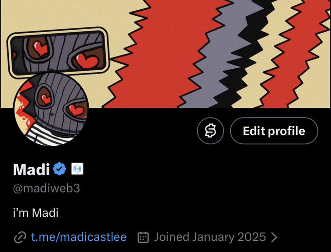 A Twitter/X profile page for 'Madi @madiweb3' with the description 'i'm Madi' and a link to 't.me/madicastlee', joined January 2025.