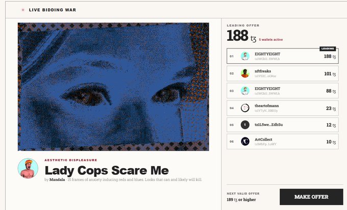 A 'LIVE BIDDING WAR' screenshot showing an artwork titled 'Lady Cops Scare Me' by Mandala, with a leading offer of 188 and wallet activity listed on the right side.