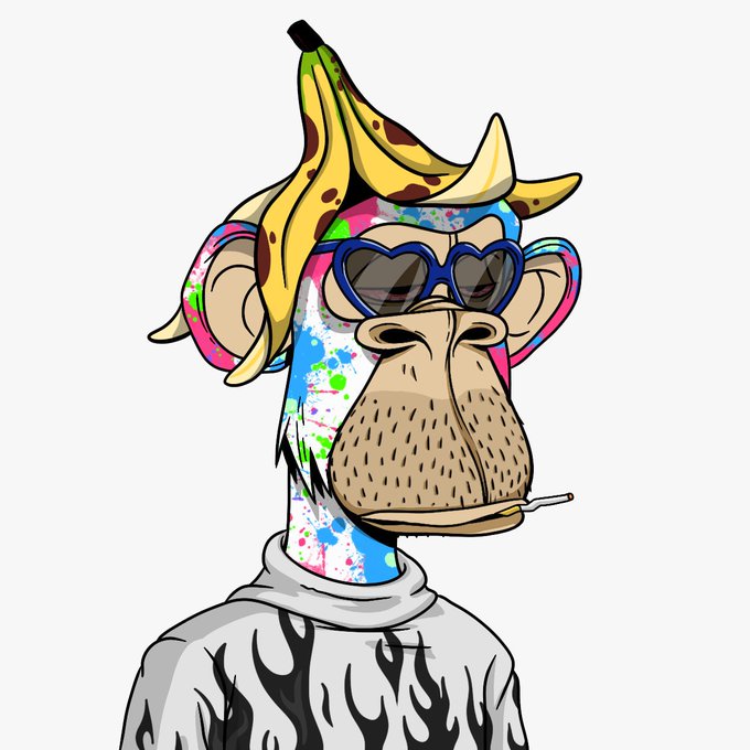 A cartoon illustration of a Bored Ape-style monkey wearing heart-shaped sunglasses, with a banana peel on its head and a cigarette in its mouth.