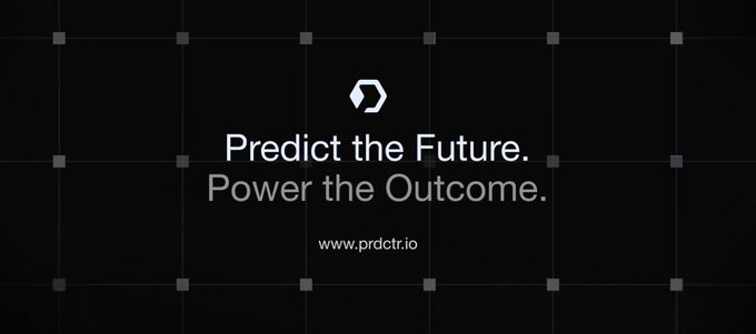 A dark promotional graphic with a grid pattern reads "Predict the Future. Power the Outcome." and "www.prdct.io."