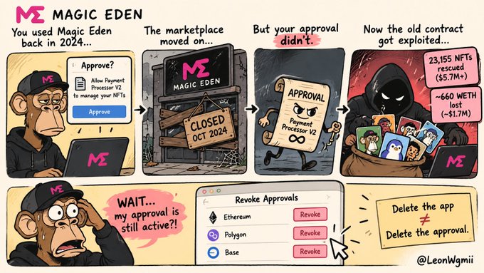 A comic strip titled 'MAGIC EDEN' by @LeonWgmii illustrates a security warning, stating 'You used Magic Eden back in 2024...' and advising users to 'Revoke Approvals' for Ethereum, Polygon, and Base to avoid a potential exploit of old contracts.