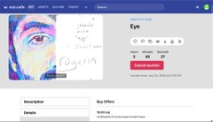 A webpage for 'Eye' on what appears to be an NFT marketplace, showing an artistic image of a face/eye with the word 'Coffee' and price information visible.