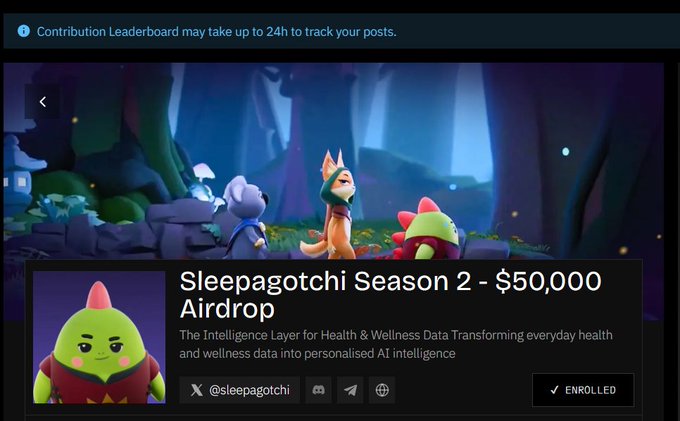 A promotional banner for the "Sleepagotchi Season 2 - $50,000 Airdrop" features a charming animated fox, hooded figure, and a green dragon-like character in a mystical forest setting, with the account already marked as "ENROLLED."

This image directly supports the post by highlighting Sleepagotchi's "$50,000 Airdrop" campaign, reinforcing the idea that the $SLEEP token is tied to a tangible, engaging product rather than existing in isolation.