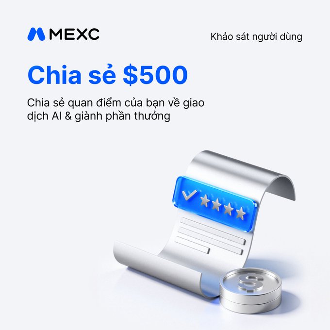 A promotional graphic from cryptocurrency exchange MEXC featuring Vietnamese text "Khảo sát người dùng" (User survey), "Chia sẻ $500" (Share $500), alongside a 3D illustration of a scroll with a checkmark, five stars, and a coin.