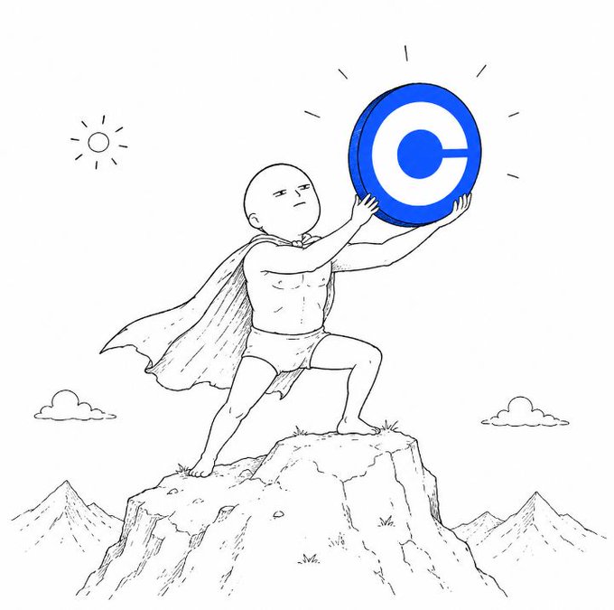 A black and white line drawing depicts a baby in a diaper and cape standing on a mountain peak, lifting a glowing blue circular symbol with a 'C' inside, reminiscent of a superhero pose.