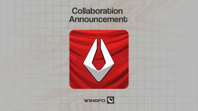 The image features a poster with a red curtain, which has a white diamond shape on top of it. The poster displays the text "Collaboration Announcement" written in black letters at the top. Below this, there are two lines of text that read "Wingfo" and "Avazaky", indicating the names of the companies involved in the collaboration announcement.