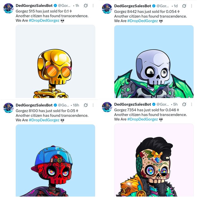 Twitter feed from 'DedGorgezSalesBot' showing four tweets about sold Gorgez NFTs (#DropDedGorgez) at various prices (0.046-0.1 ETH), each featuring colorful skull character artwork.
