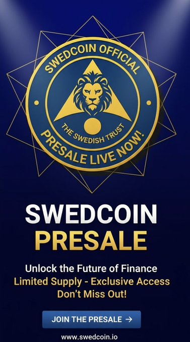 The image features a poster with a blue background that displays the text "Swedcoin Presale" at the top. Below this, there are three lines of text providing information about the presale process for the Swedcoin project. The first line states that the Swedish Trust is focused on sustainable growth and capped at 120M supply. The second line mentions a limited supply of exclusive access to the project's utility. Finally, the third line highlights that the project does not miss out on anything by joining the presale.