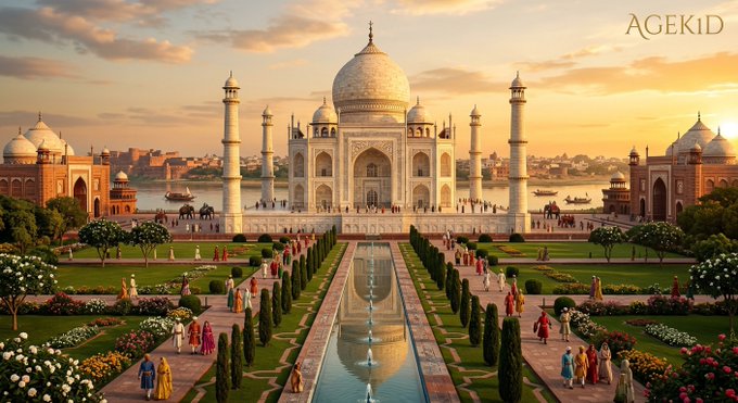 An illustrated depiction of the Taj Mahal at sunset with crowds of visitors, gardens, and reflecting pools, watermarked 'AGEKID' in the upper right.