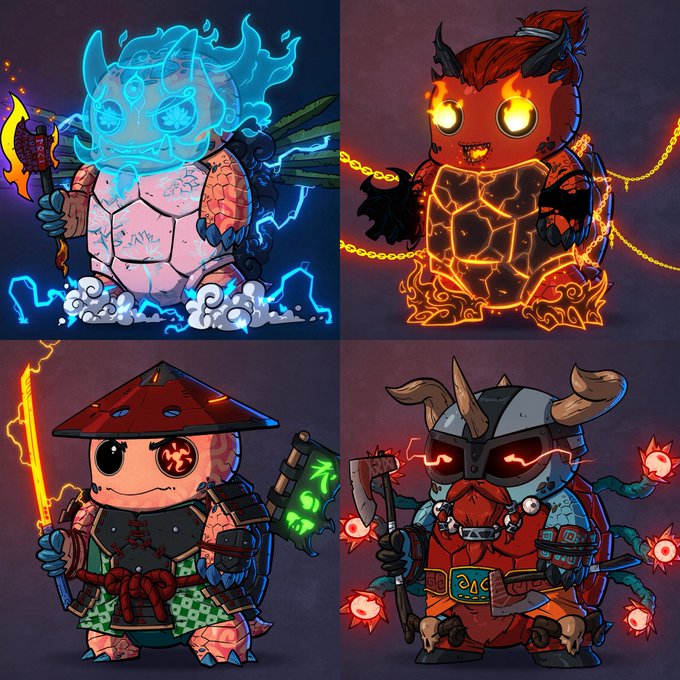 urns of fire, dragon, and troll characters are depicted against a dark purple background with neon lights.