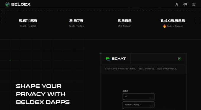 A screenshot of the Beldex website's homepage displaying key statistics—Block Height 5,611,159, 2,873 Masternodes, 6,388 BNS Domain, and 11,443,388 Coins Burned—alongside a BChat feature promoting encrypted messaging, illustrating the network's privacy-focused ecosystem referenced in the accompanying post about Beldex's privacy coin tokenomics and masternode staking model.
