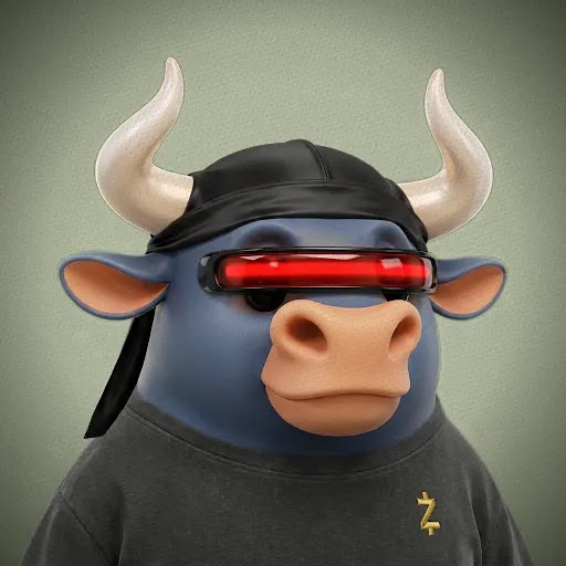 A 3D-rendered blue bull character wears a black headband and red LED visor, dressed in a dark shirt with a small gold 'Z' symbol.
