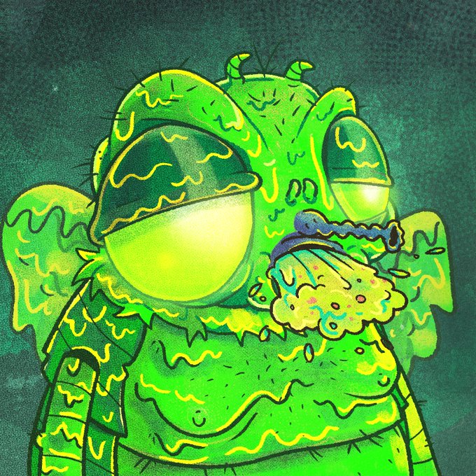 The image features a green monster with googly eyes, giving it a creepy appearance. The monster has its mouth open wide, revealing that it's spewing out something yellow or green. There are also some numbers visible in the image. The caption of the image reads "I'm giving away 5 GTD spots for BlowFly Supply: 666, Free Mint on ETH To enter: • Follow me & @BlowFlyHQ • Like + RT this post • Drop your address Winners will be announced in 24 hours." This suggests that there is a contest or giveaway related to the monster and its spewing action.