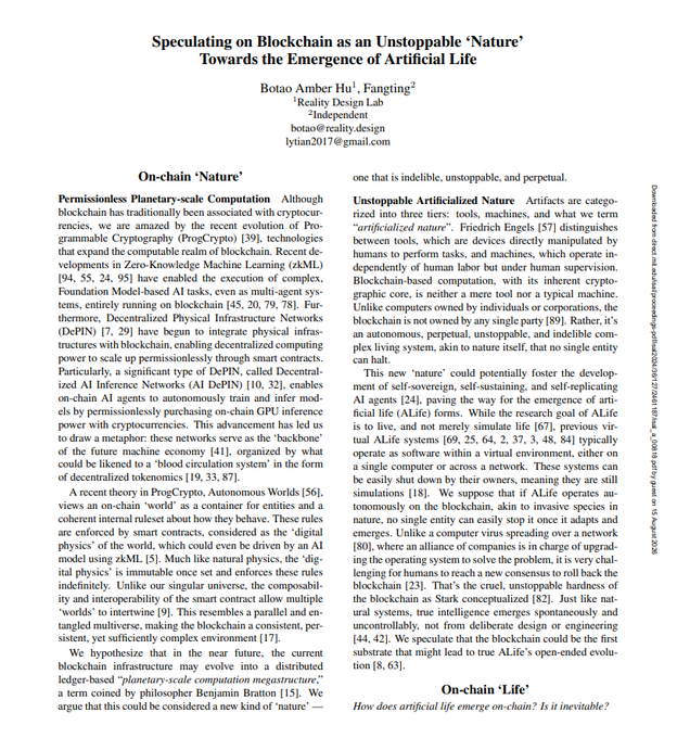 A snippet of an academic paper titled "Speculating on Blockchain as an Unstoppable 'Nature' Towards the Emergence of Artificial Life," authored by Botao Amber Hu of Reality Labs, with the post referencing an on-chain AI token "chip" built on Solana and intended to fund autonomous AI activity on-chain.