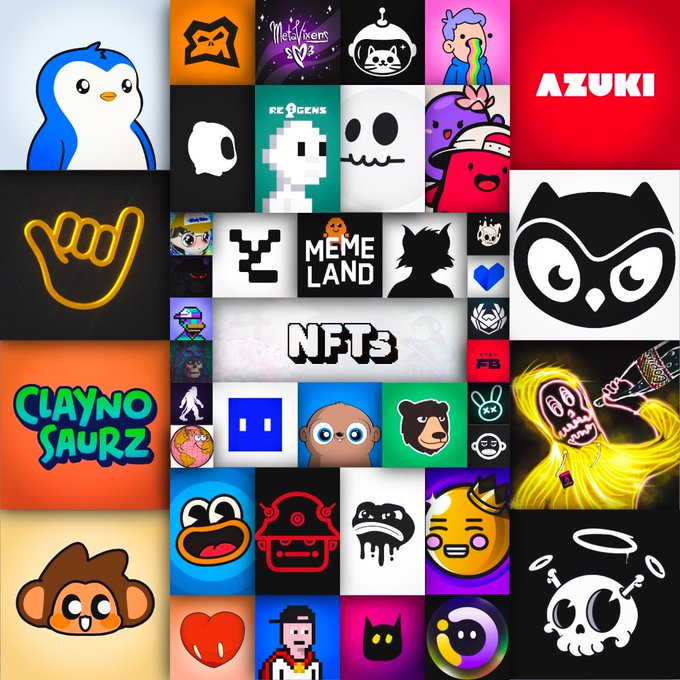 A collage of various NFT (Non-Fungible Token) project logos and avatars, including recognizable names like 'AZUKI', 'CLAYNO SAURZ', and 'MEME LAND'.