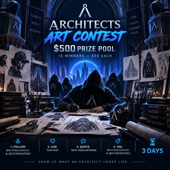 A promotional poster for the "Architects Art Contest" with a $500 prize pool (10 winners at $50 each), featuring a hooded figure sketching character designs in a gothic cathedral setting, with instructions to follow @ArchitectsUnion & @DYORSWAPDEX, like the post, quote with artwork, and tag both accounts within 3 days under the tagline "Show us what an Architect looks like."
