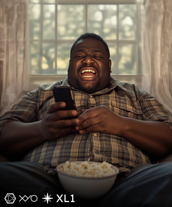 A man in a plaid shirt laughing joyfully while holding a phone, with a bowl of popcorn in front of him in a cozy indoor setting.