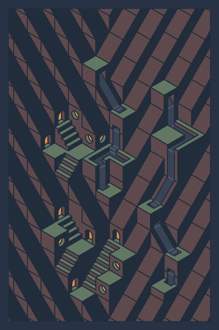An isometric illustration of an impossible architecture with diagonal striped walls, featuring green platforms, staircases, and small arched doorways creating a M.C. Escher-style optical illusion.