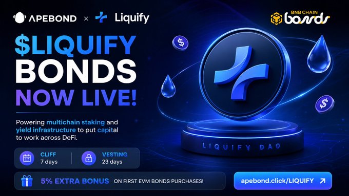 A promotional advertisement for '$LIQUIFY BONDS NOW LIVE!' featuring ApeBond and Liquify branding, with details about 'CLIFF 7 days' and 'VESTING 23 days'.