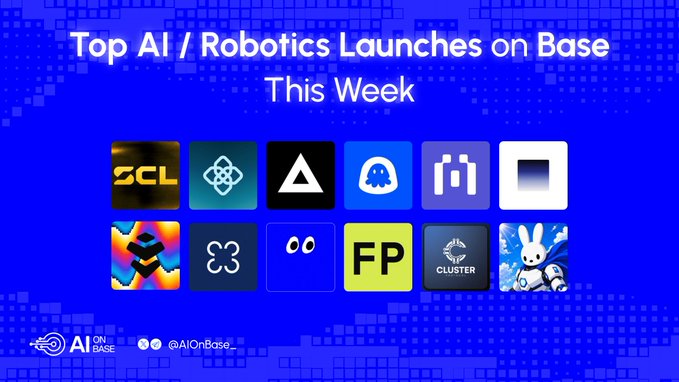 A blue promotional graphic titled 'Top AI / Robotics Launches on Base This Week' by @AIOnBase, displaying a grid of 12 project logos.