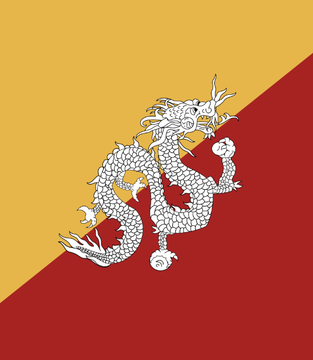 The image displays the national flag of Bhutan, featuring its iconic white dragon (Druk) centered over a diagonally divided background of yellow and orange-red. This relates to the post about Bhutan's Royal Government transferring 700 BTC to Binance, as the flag visually represents the country whose Bitcoin holdings have dramatically decreased from 13,390 BTC to around 2,000 BTC since October 2024.
