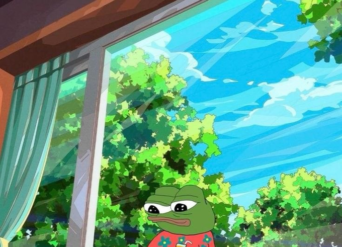 An animated scene features a sad Pepe the Frog character wearing a red Hawaiian shirt with blue flowers, standing inside a room looking out a large window at a bright, sunny landscape with green trees and a blue sky with white clouds.