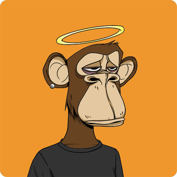 Digital illustration of a bored-looking Bored Ape-style monkey character with a halo on its head, wearing a black t-shirt against an orange background.
