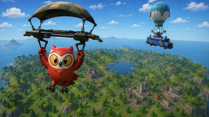 A red owl-like bird parachutes over a vibrant island landscape with a bus drifting beneath a hot air balloon in the distance, playfully teasing the latest Moonbirds "Birb Game 8" air-drop promotion featured in the post.