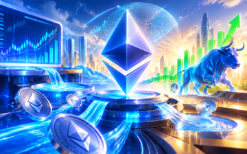 A vibrant digital artwork depicting Ethereum-themed imagery, including a large Ethereum logo, a charging bull, floating ETH coins, and upward-trending financial charts in blue tones.